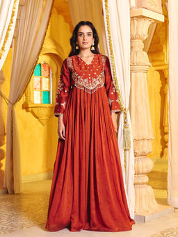 MADHURAM - Women's Poly Silk Embroidered Rust Gown