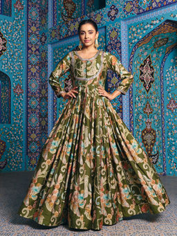 MADHURAM - Women's Silk Printed Green Gown