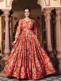 MADHURAM - Women's Silk Printed Orange Gown