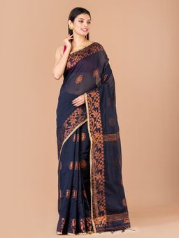 LAA CALCUTTA - Navy Blue Silk Handloom Saree with Unstitched Blouse