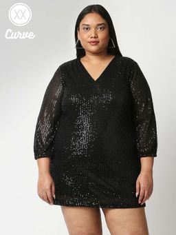 Twenty Dresses by Nykaa Fashion - Curve Black Sequined V Neck Mini Dress