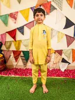 Tilsim by Sagarika Mehrotra - Yellow Krishna Patch Kurta with Pyjama