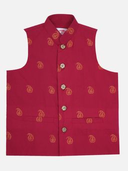 Little Bansi - Boys Red Cotton Sleeveless Ambi Woven Nehru Jacket