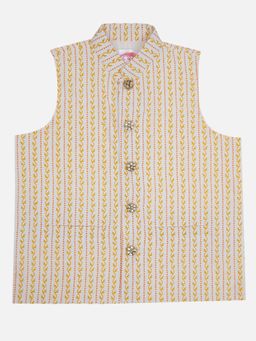 Little Bansi - Boys Off White English Floral Striped Printed Nehru Jacket
