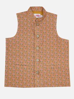 Little Bansi - Boys Brown Cotton Sleeveless Lotus Motif Printed Nehru Jacket