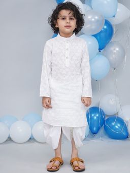 Little Bansi - Boys White Full Sleeves Self Weaving Kurta with Dhoti