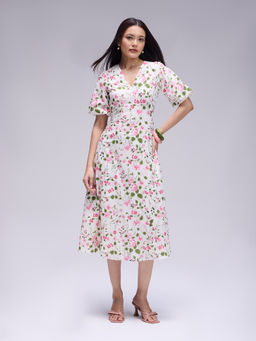 Twenty Dresses by Nykaa Fashion - Multicolour Floral Printed Puff Sleeves A-Line Midi Dress