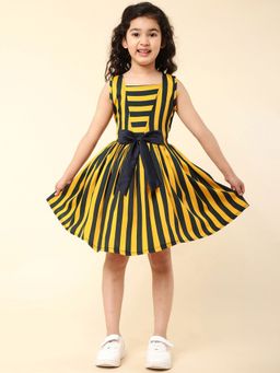 A.T.U.N. - Girls Mustard and Black Sleeveless Striped Casual Dress