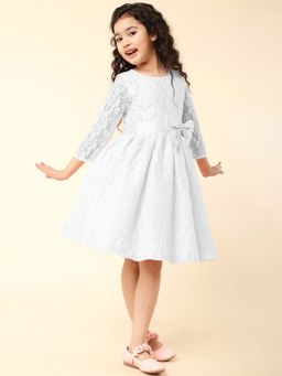 A.T.U.N. - Girls White Three Fourth Sleeve Round Neck Lace Dress
