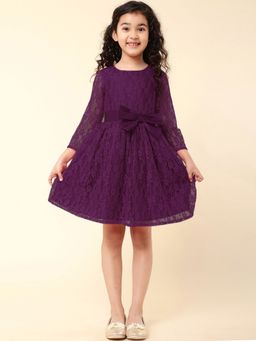 A.T.U.N. - Girls Purple Three Fourth Sleeve Round Neck Lace Dress