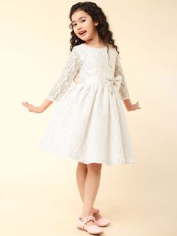A.T.U.N. - Girls Cream Three Fourth Sleeve Round Neck Lace Dress