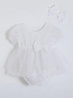 Hopscotch - White Bow Applique Attached Bloomer Dress with Hair Band