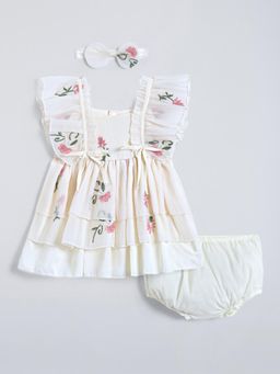 Hopscotch - Bow Applique Ruffled Dress with Bloomer & Hair Band