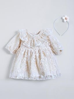 Hopscotch - Lace Trim Beaded Ruffled Dress with Headband