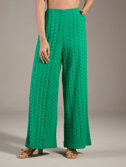 Twenty Dresses by Nykaa Fashion - Green Schiffli Embroidered Straight Fit Pant