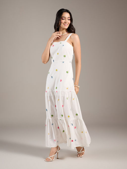 chinese dress ladies Bucketlist V Neck Strappy Tiered Maxi Dress (OFF White & Tan) Tan / Medium