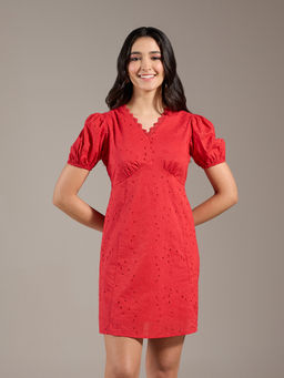 Twenty Dresses by Nykaa Fashion - Red Schiffli Embroidered Puff Sleeves Mini Dress