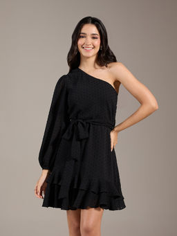 Twenty Dresses by Nykaa Fashion - Black One Shoulder Fit and Flare Short Dress (Set of 2)