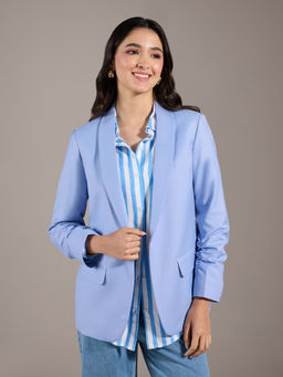 Twenty Dresses by Nykaa Fashion - Light Blue Solid Ruched Sleeves Shawl Collar Blazer