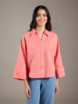 Twenty Dresses by Nykaa Fashion - Pink Solid V Neck Spread Collar Shirt