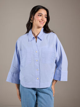 Twenty Dresses by Nykaa Fashion - Light Blue Solid V Neck Spread Collar Shirt