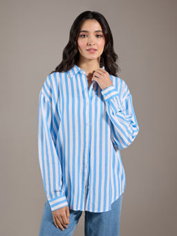 Twenty Dresses by Nykaa Fashion - Sky Blue and White Stripes Pointed Collar Shirt