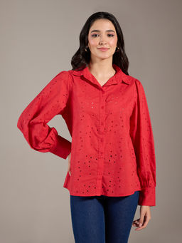 Twenty Dresses by Nykaa Fashion - Red Schiffli Embroidered Full Sleeves Shirt