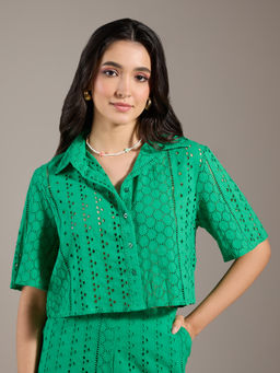 Twenty Dresses by Nykaa Fashion - Green Schiffli Embroidered Bell Sleeves Short Shirt