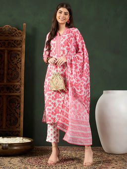 Vaamsi - Women White Rayon Blend Floral Straight Kurta and Pant with Dupatta (Set of 3)