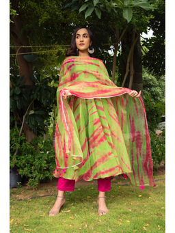 POMCHA - Tie And Dye Green Organza Anarkali Kurta with Pant & Dupatta (Set of 3)