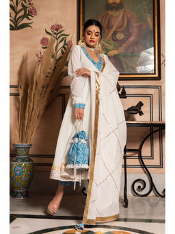 POMCHA - White Mogra Pure Cotton Angarkha Kurta with Pant & Dupatta (Set of 3)