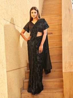 Tikhi Imli - Black Colored Embossed Velvet Ready to Wear Saree with Unstitched Blouse