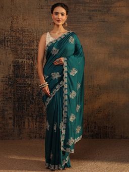 Libas - Teal Embellished/Sequined Saree with Unstitched Blouse