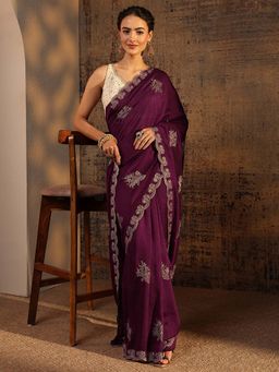 Libas - Wine Embellished/Sequined Saree with Unstitched Blouse