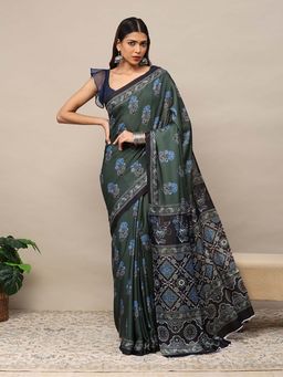 Garden VARELI - Olive Printed Saree with Unstitched Blouse