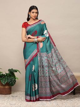 Garden VARELI - Turquoise Printed Saree with Unstitched Blouse