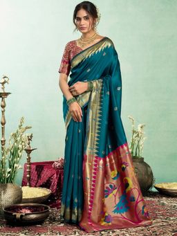 Elora - Teal Woven Saree with Unstitched Blouse