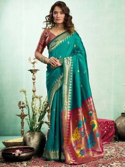 Elora - Turquoise Woven Saree with Unstitched Blouse