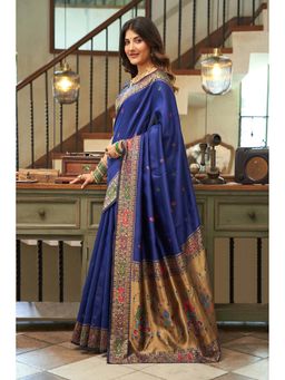 Elora - Navy Blue Woven Saree with Unstitched Blouse