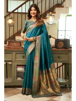 Elora - Teal Woven Saree with Unstitched Blouse