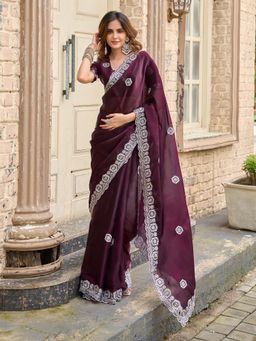 Elora - Wine Embroidered Saree with Unstitched Blouse