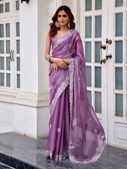 Elora - Lavender Embroidered Saree with Unstitched Blouse