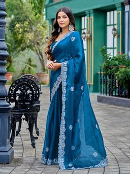 Elora - Teal Embroidered Saree with Unstitched Blouse