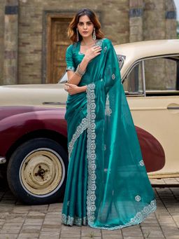Elora - Teal Embroidered Saree with Unstitched Blouse