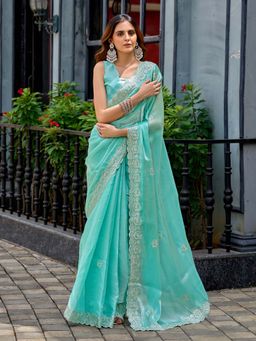Elora - Blue Embroidered Saree with Unstitched Blouse