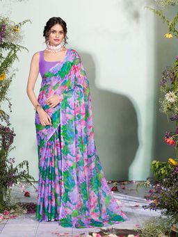 Garden VARELI - Purple Floral Printed Saree without Blouse