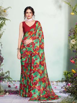 Garden VARELI - Red Floral Printed Saree without Blouse