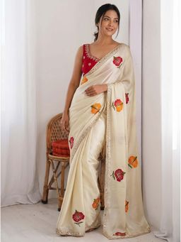 Kalista Fashion - Cream Embroidered Saree with Unstitched Blouse