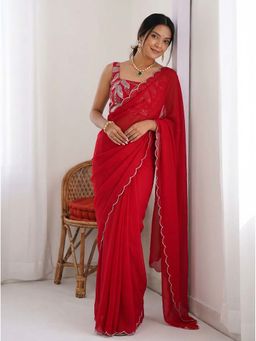 Kalista Fashion - Red Embellished/Sequined Saree with Unstitched Blouse