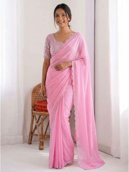 Kalista Fashion - Pink Embellished/Sequined Saree with Unstitched Blouse